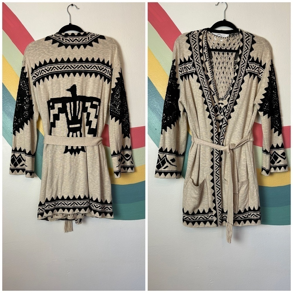 ANTHROPOLOGIE Sloane Rouge Open Front Tie Aztec Print Thunderbird Cardigan Set